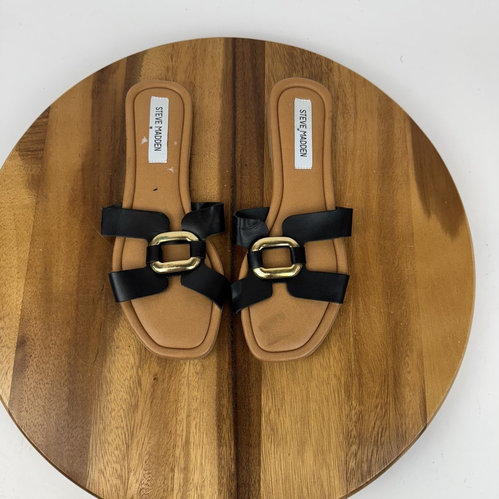 New NWOB Womens Steve Madden Composure Black Leather Slides Sandals Size 10 M